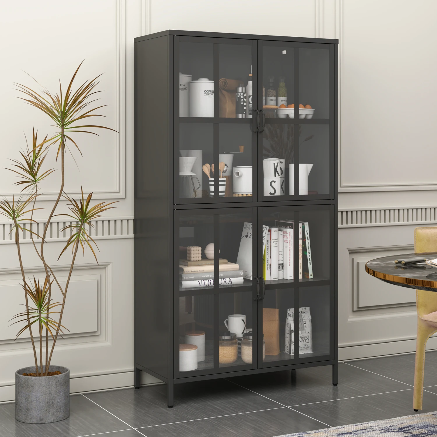 Black Metal Storage Cabinet with Glass Doors, Adjustable Shelves, Anti-Tipping Device, Silent Closure for Home/Office