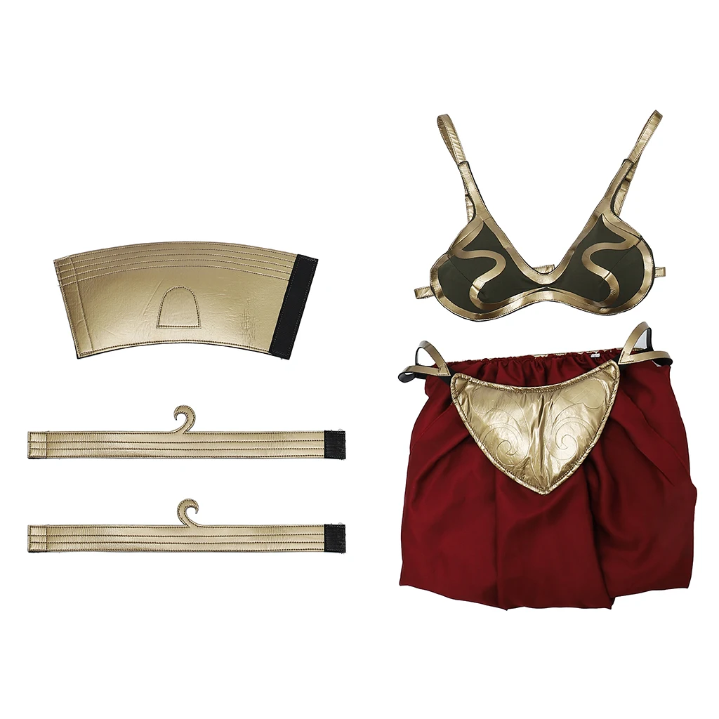 재고 있음 프린세스 레아 노예 코스프레 의상 여성 비키니 카니발 의상 드레스 골드 브라 스커트 노예 의상