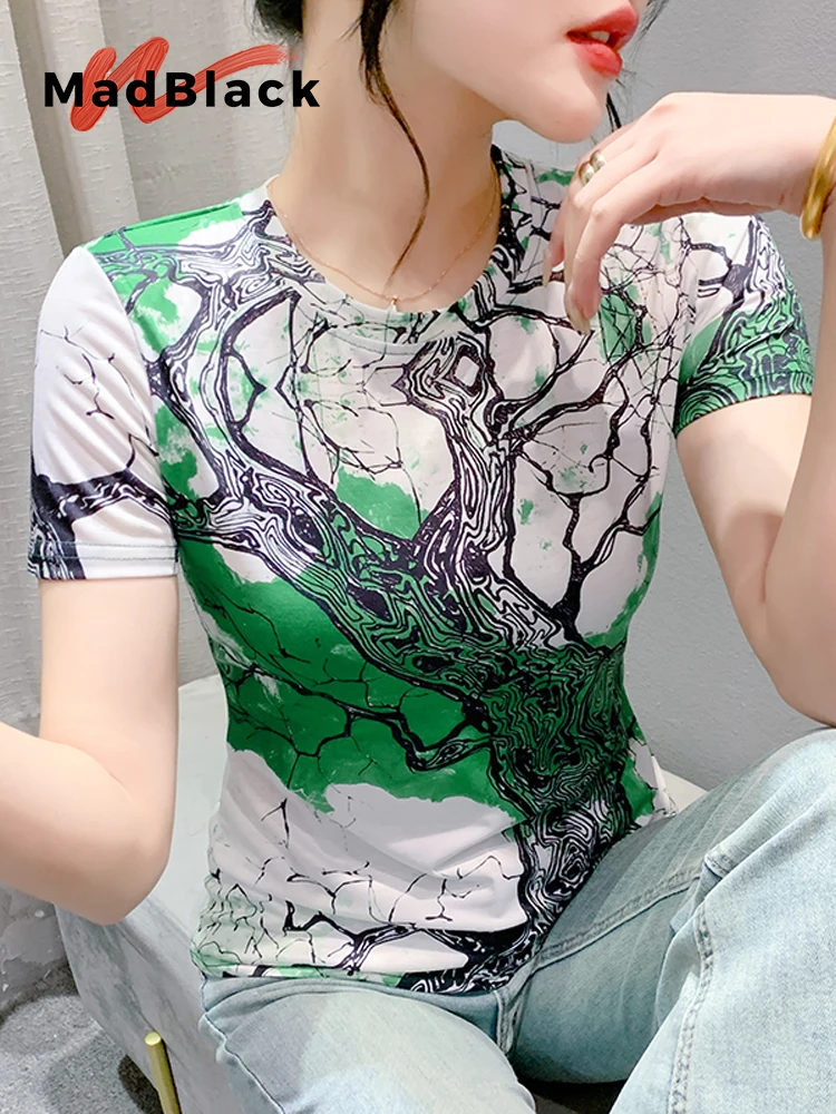 MadBlack-Women's European T-Shirt, Sexy O Neck Geometry Print, Streetwear Short Sleeve Slim S-3XL Knit Tee, 2026 Spring T61512CC