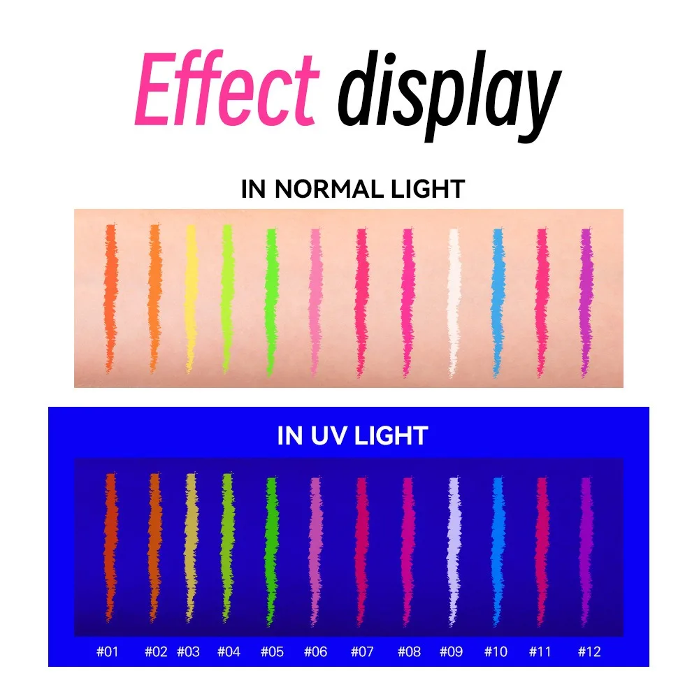 Lápis de Olhos UV Glow, Cor Vibrante, À Prova D'Água, Longa Duração para Arte Facial e Corporal, Maquiagem para Festas e Festivais, Hipoalergênico, Fácil de Remover
