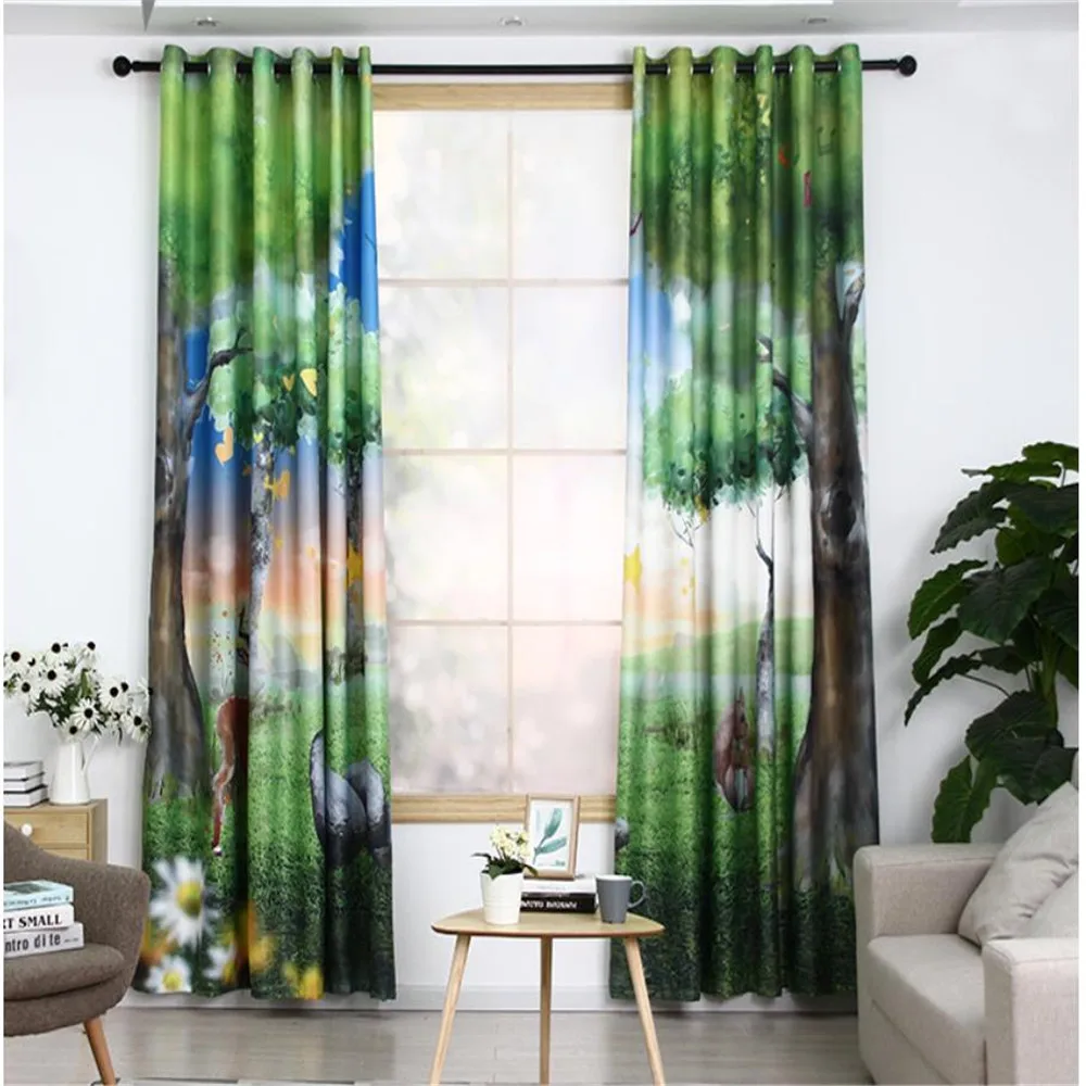 Customized curtains simple modern bedroom living room study bay window thickening shading oil painting green plants animal fores