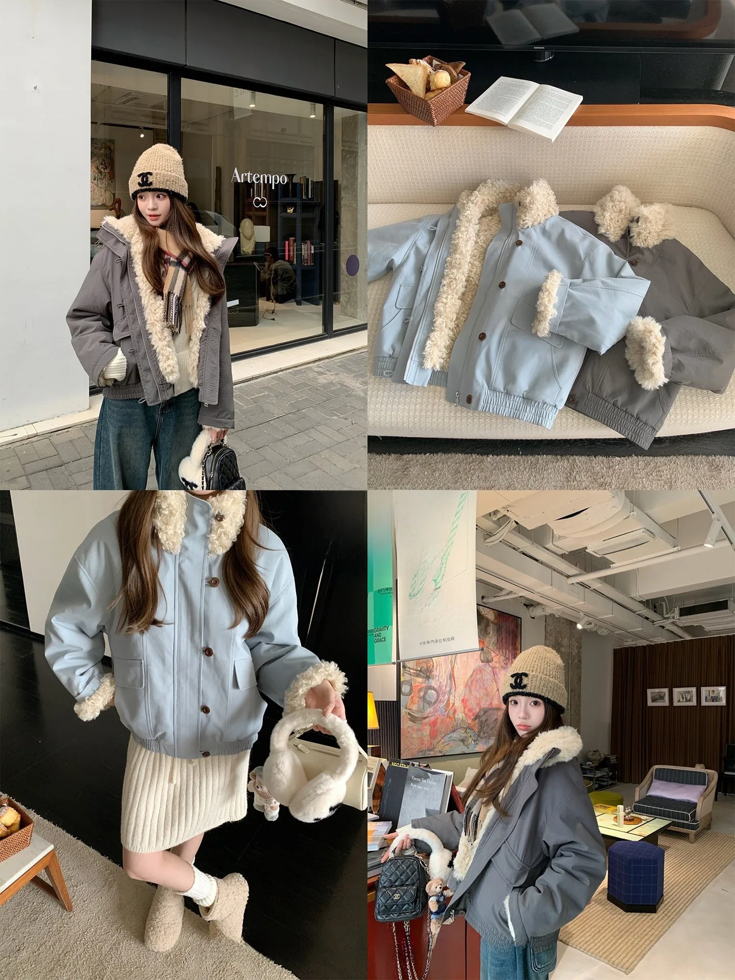 Abrigo Corto para Mujer Estilo Barn FF BLUE, Cálido, de Piel de Cordero, Bicolor, Estilo Coreano, para Otoño e Invierno, Corte Estándar, Chaqueta de Viaje