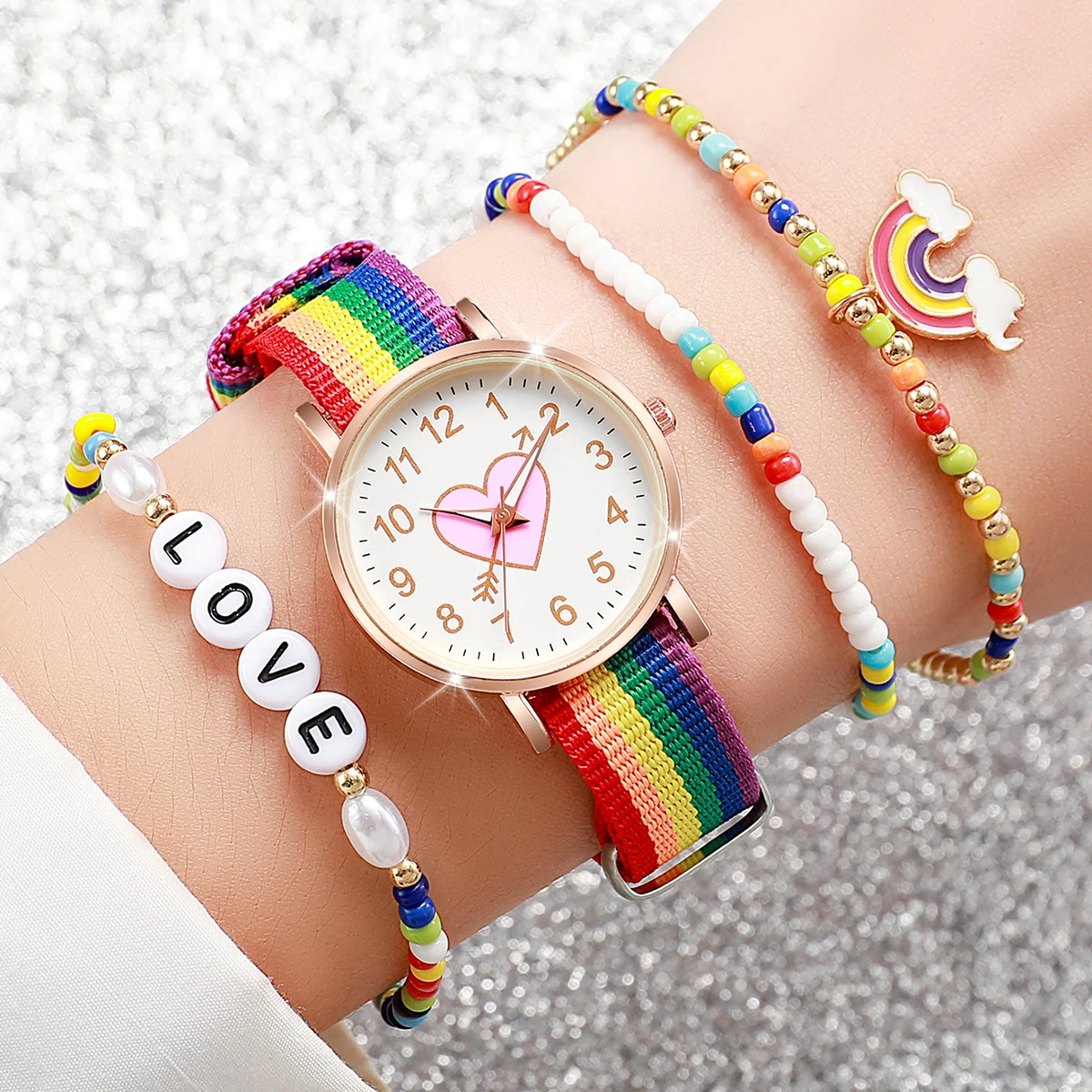 4PCS/Set Fashion Heart Dial Women\'s Watch Nylon Band Quartz Watch Rainbow Beads Bracelets Set