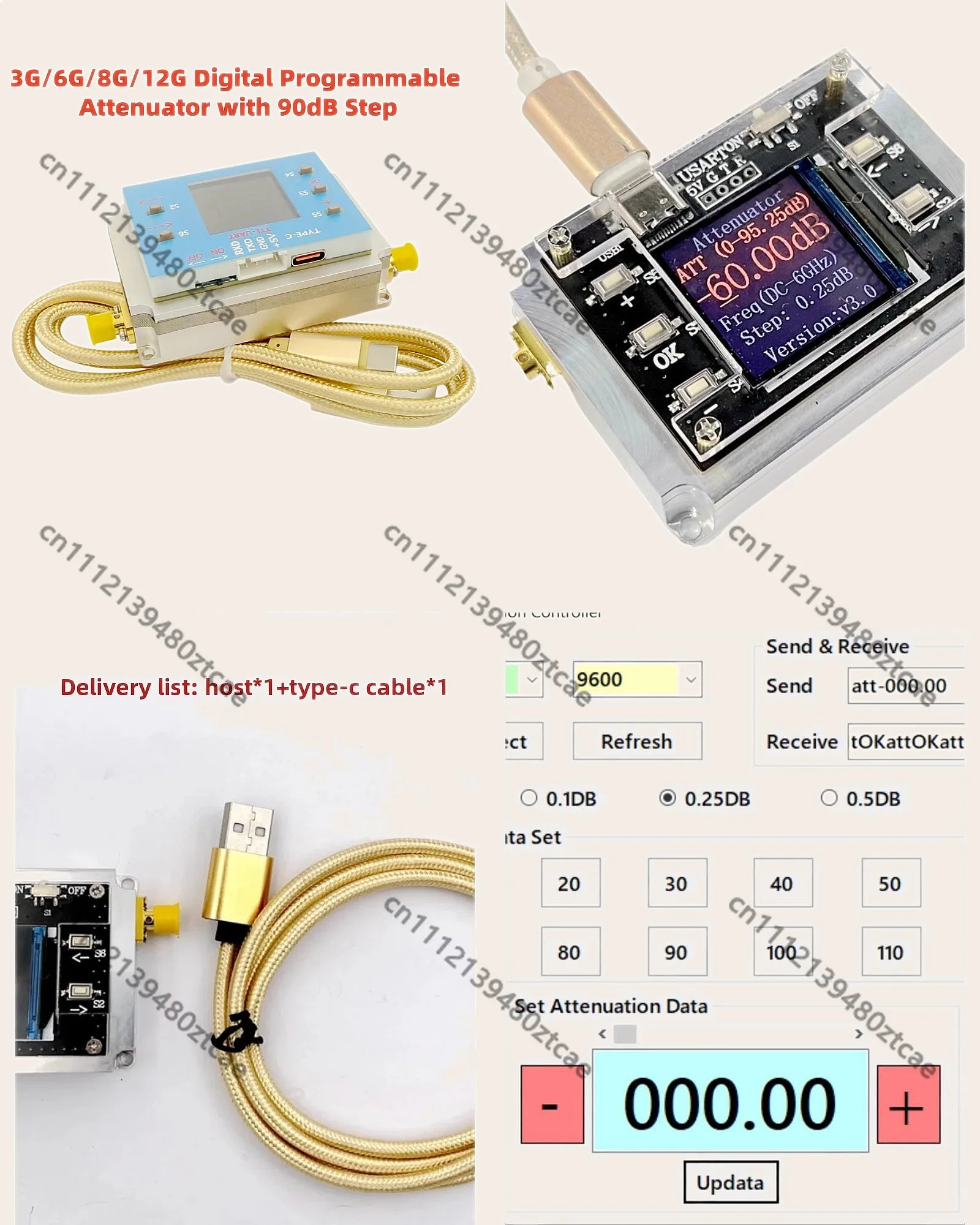 3G 6G 8G Digital Programmable Attenuator 90DB 0.25DB Step TFT Display CNC High Isolation RF Generator
