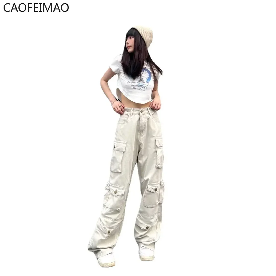 Cargo Pants Multi-Pocket Overalls Harajuku Men's Retro Loose Wide-Leg Pants Street Casual Hip-Hop Straight High Waist Mop Pants