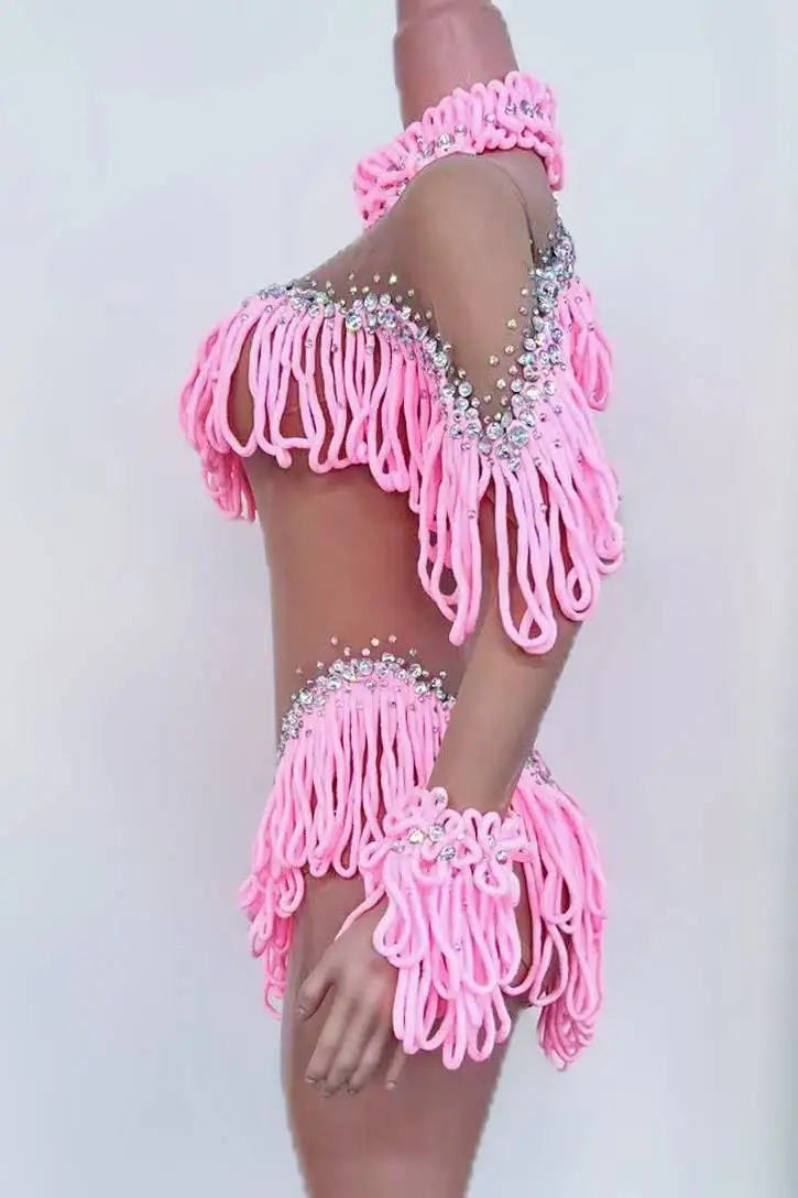 Błyszczące Dżety Różowe Frędzle Body Damskie Sexy Siateczka Prześwitujący Kostium Taneczny Urodzinowy Strój Sceniczny dla Tancerki