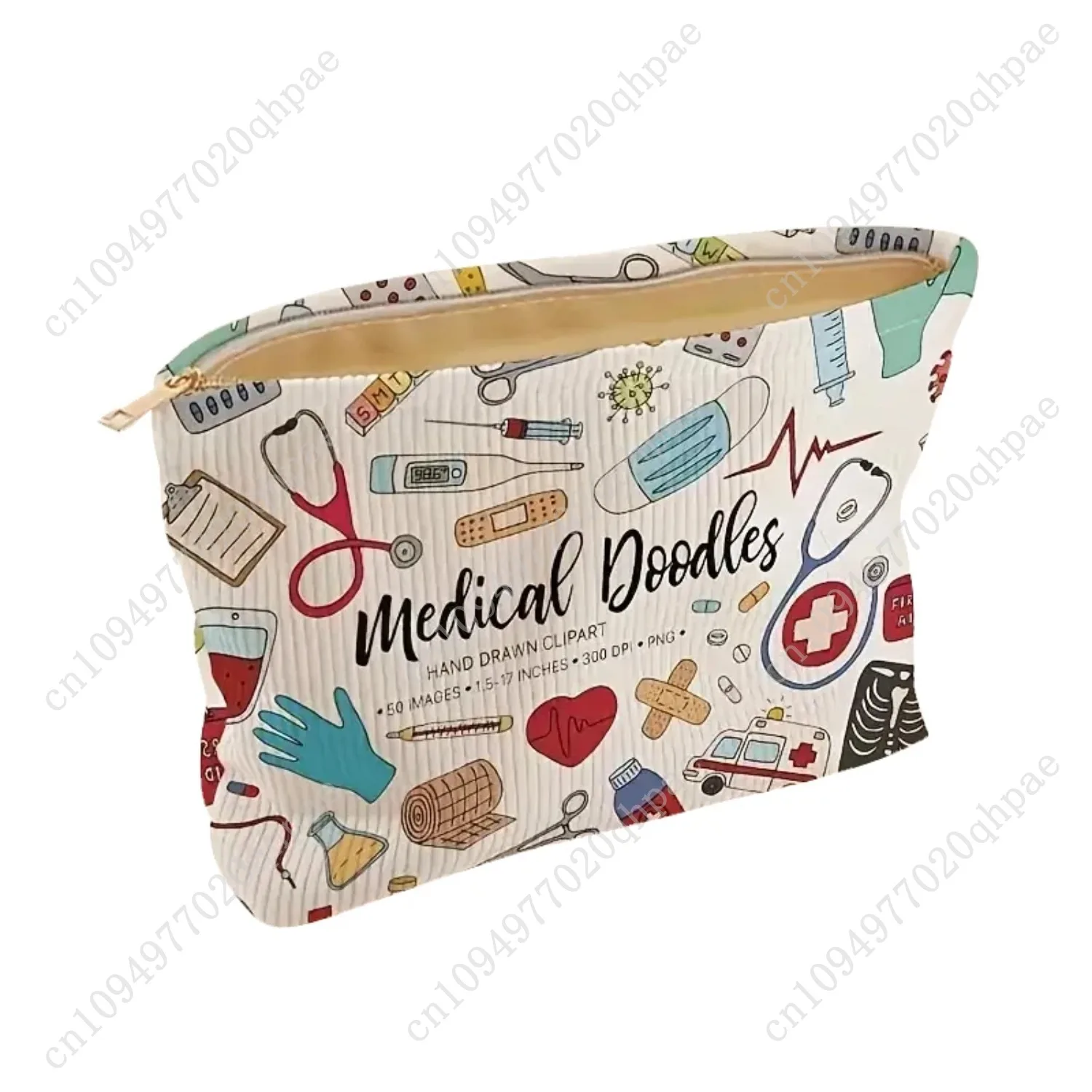 Medical Graffiti Printed Corduroy Makeup Bag, Lightweight Zipper Makeup Storage Box, Multi functional Bag with Lining