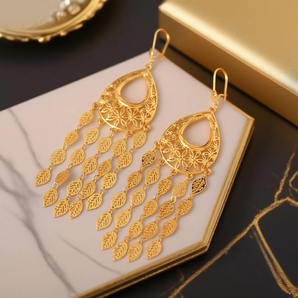 أقراط متدلية مطلية بالذهب للنساء مجوهرات الزفاف العربية في الشرق الأوسط #3