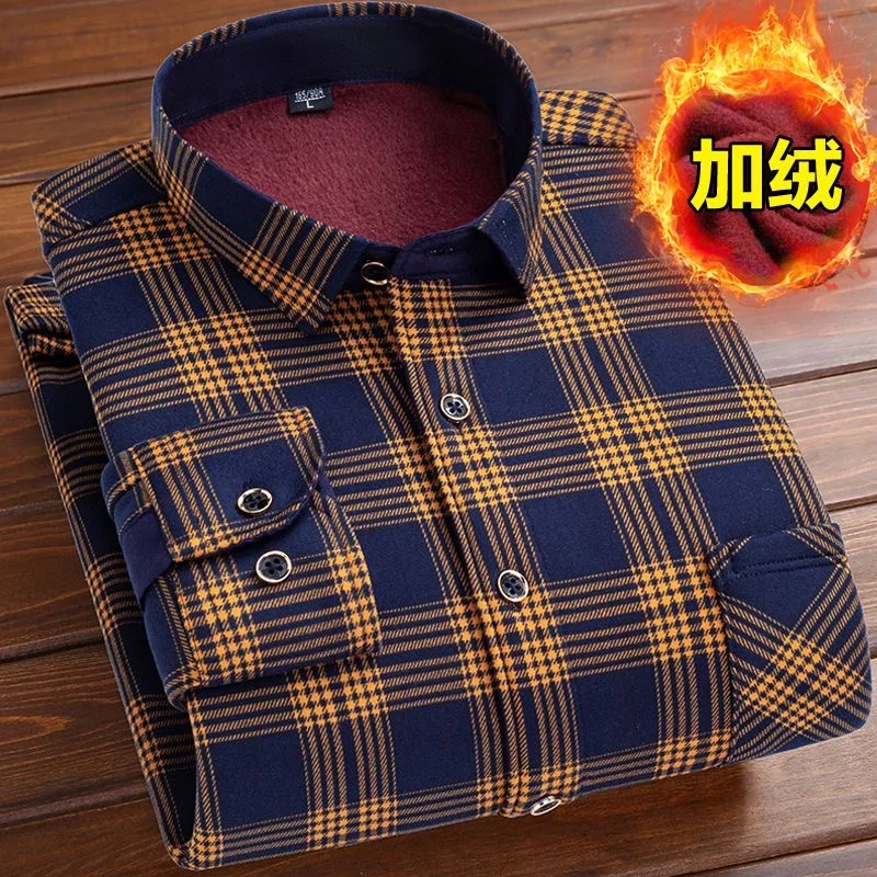 

2023 Autumn and Winter New Fashion Trend Men's Long-Sleeved Plaid Shirt Plus Fleece Thickened Warm High Quality Plus-Size Shirt