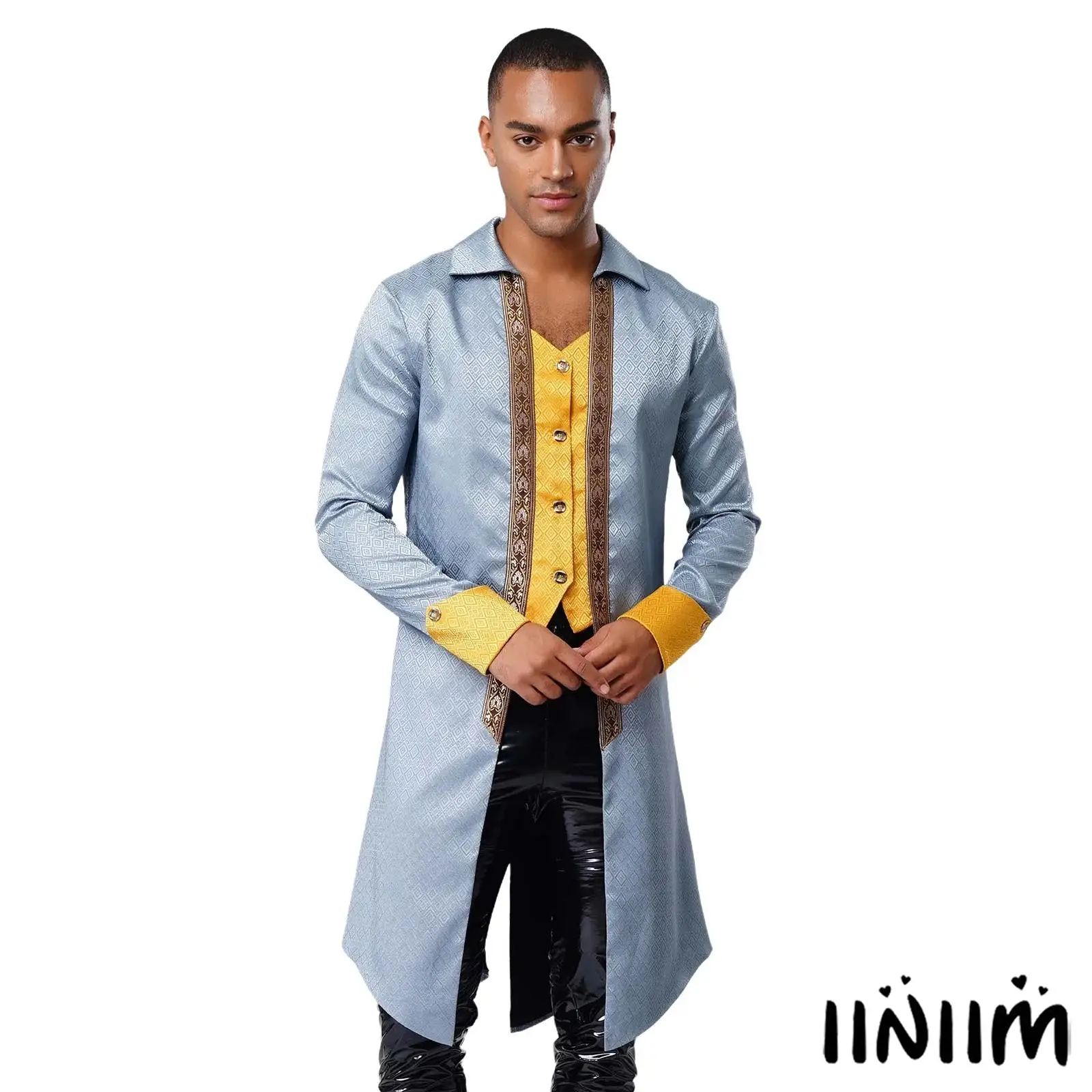 

Mens Royal Court Jacket Jacquard Color Block Panels Buttons Long Sleeve Patchwork Renaissance Fancy Dress Cosplay Costume