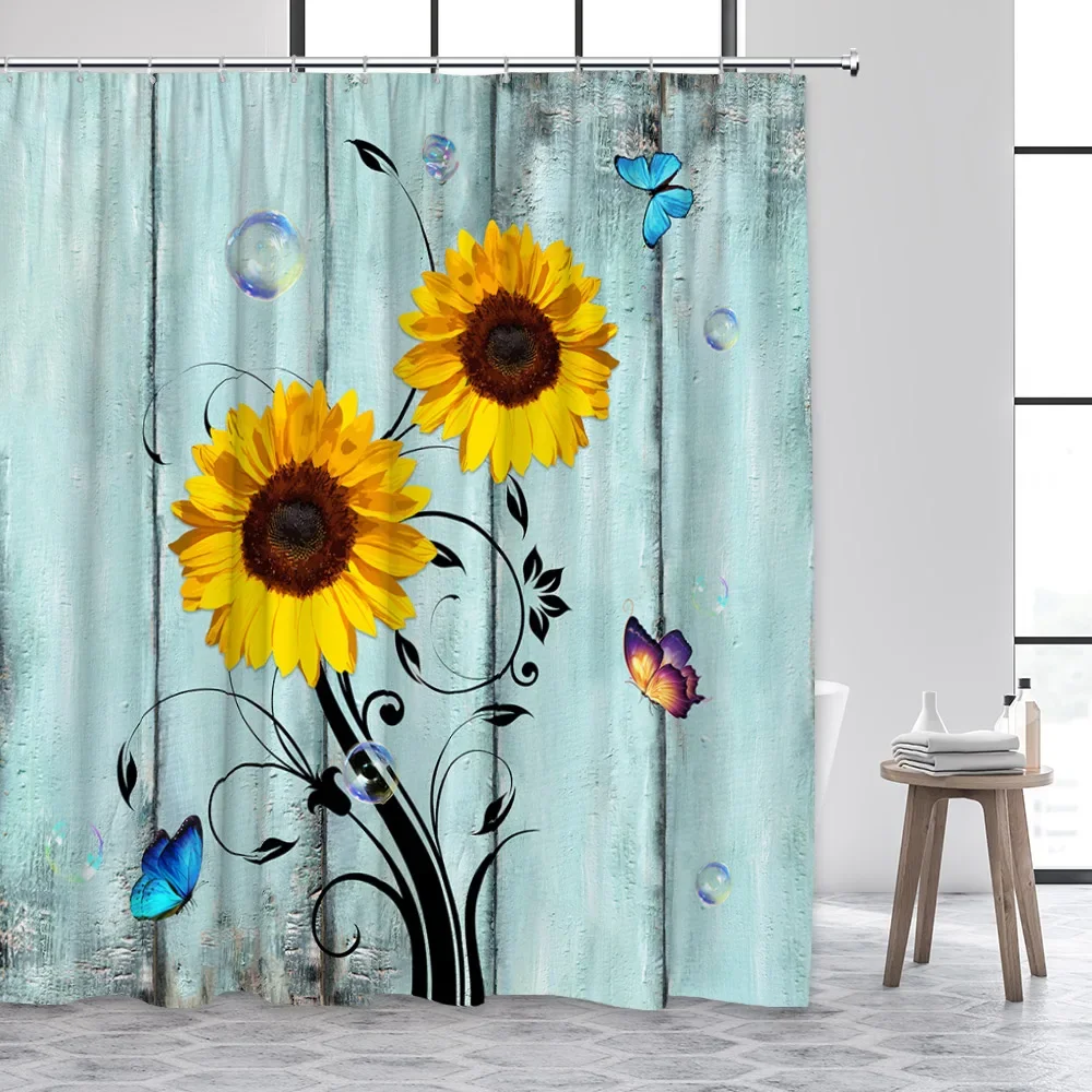 Sunflower Shower Curtain Natural Floral Butterfly Rustic Vintage Shabby Wood Board Flower Print Fabric Bathroom Decor with Hooks