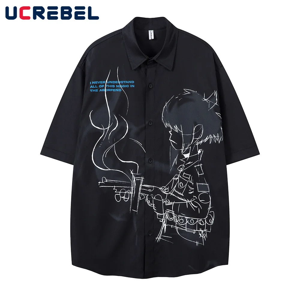 قمصان رجالي بأكمام قصيرة مطبوعة برسوم كارتونية قمصان صيفية ذات ثنيات عالية الشارع واحدة الصدر وطية صدر السترة نصف كم للرجال