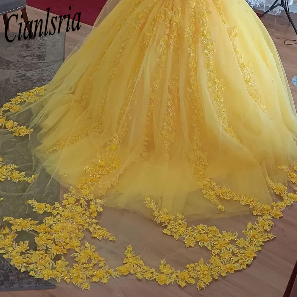 Yellow Quinceanera Dresses Appliques Long Train Flower Sweet 15 16 Years Birthday Party Prom Dress Pageant Miss Gala Custom Made