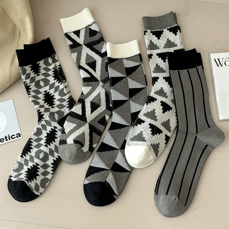 Men'S Socks Business Casual Cotton Socks Geometric Pattern Black White Color Stockings For Men Skin-Friendly Versatile Stocking