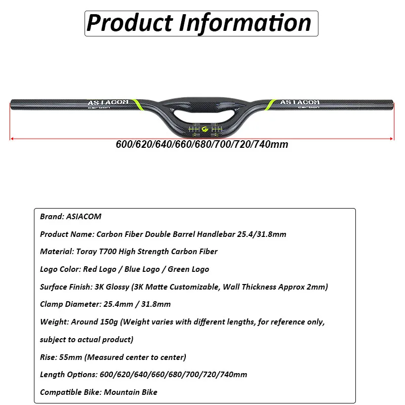ASIACOM Full Carbon Double Barrel Handlebar 25.4/31.8mm Flat Swallow Riser Bar For MTB Folding Bike Lightweight Bicycle Parts