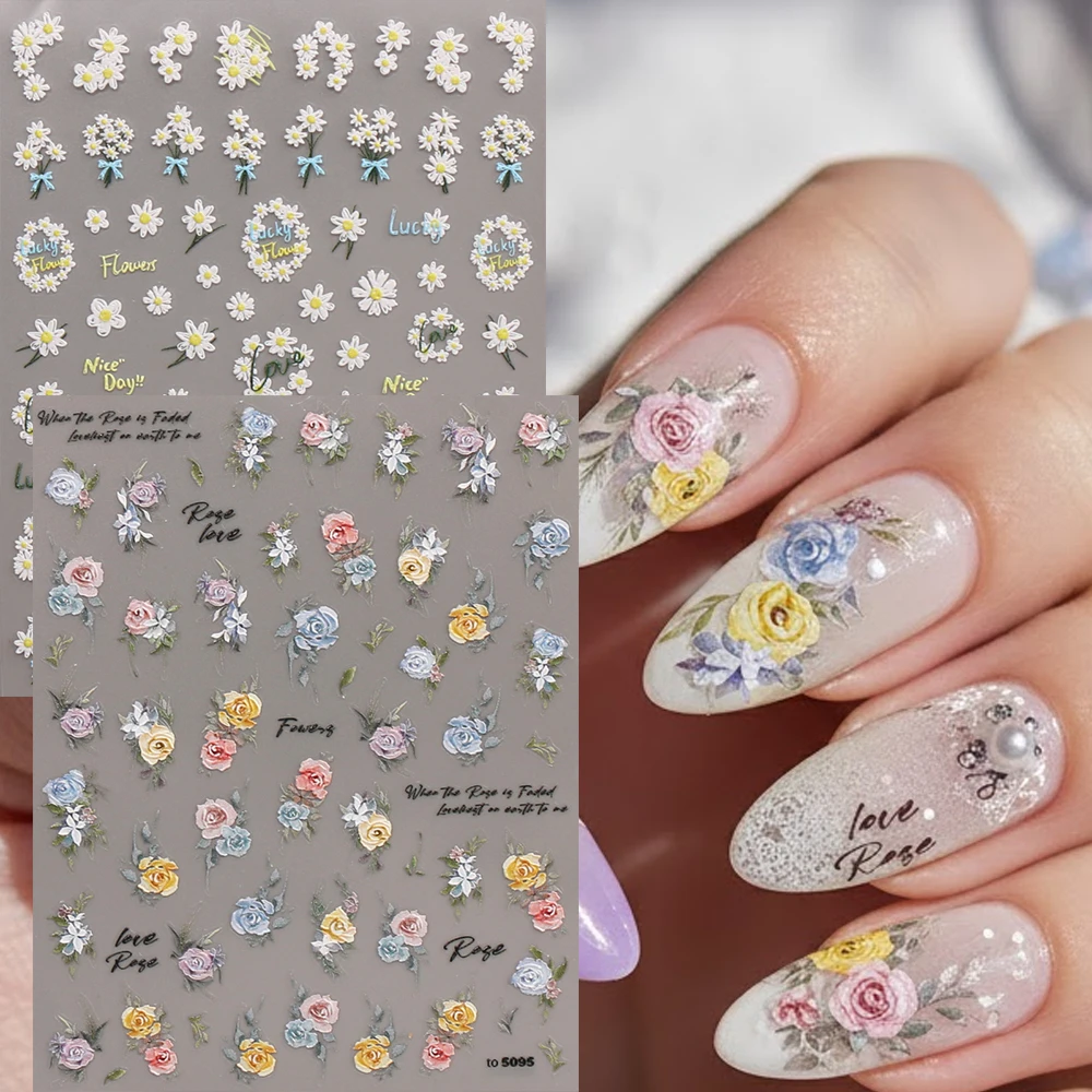 1/2 Stück blühende Blumen 5D Nagelkunst-Aufkleber, gravierte Farbverlaufs-Aquarell-Rosen, Gänseblümchen, Nagel-Abziehbilder für DIY-Maniküre-Dekoration