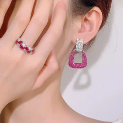 Ruby Red Gemstone Adjustable Ring and Pave Classic Cubic Zirconia Hollow Earrings Elegant Trendy Styles Jewelry for Women Gift