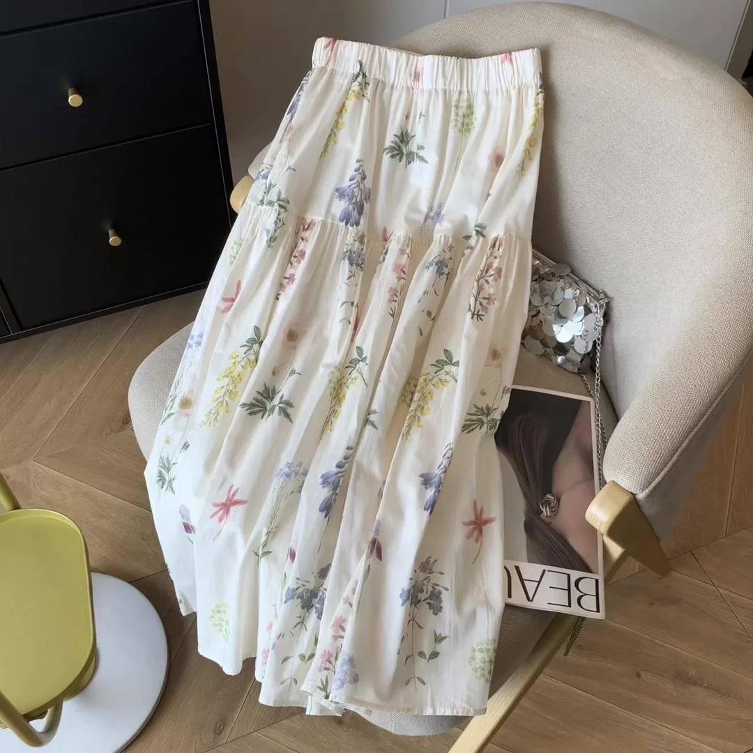 Women Off White Flower Print A-line Skirt Y2k Mori Dirl Skirts Harajuku Korean Long Skirt 2000s Vintage Cutecore Clothes Summer