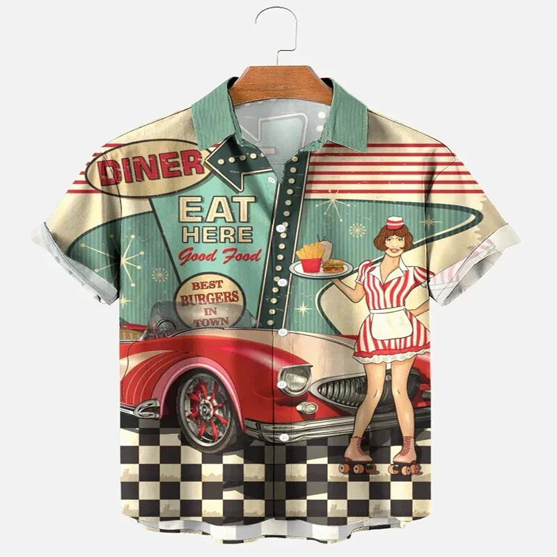 Route 66 and The Car Print Hawaiian Shirt 3D Printed Hawaiian Shirt for Men and Women Casual Shirt Unisex