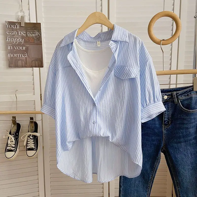 2024 New Summer Korean Style Elegant Fashion Women's Shirt Loose Casual Striped Vests Suit Lapels Short Sleeve Button Y2K Tops