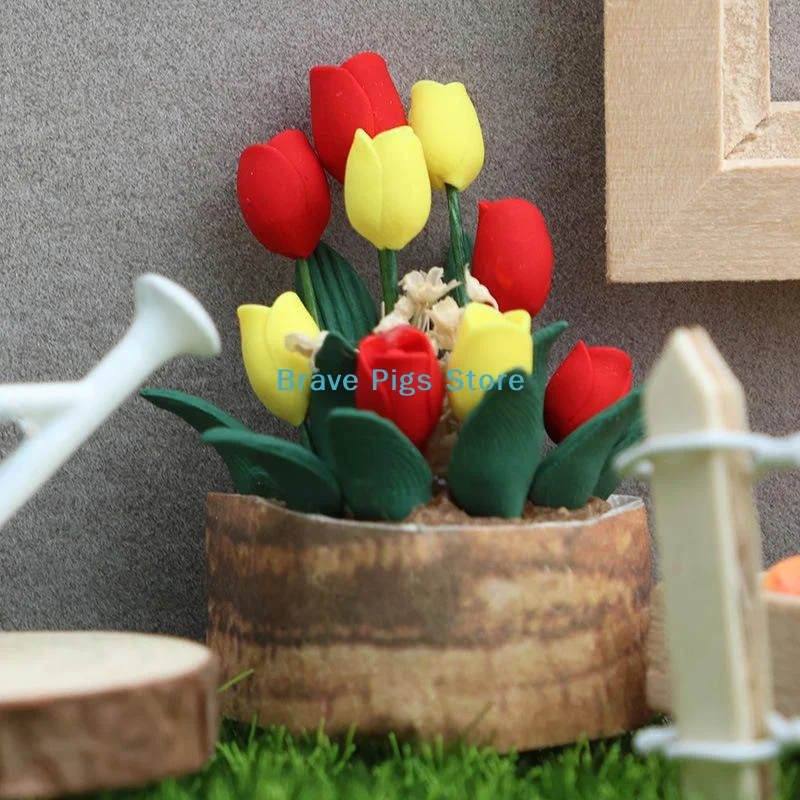 Miniature Flower Model Potted Plant Mini Garden Decor Simulation Desktop Decoration 1:12 Tulip Potted Plant Ornament