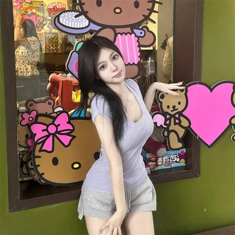 

Sexy Purple U-Neck Short Sleeve Knitted Base Shirt Little Girl's Trendy Thin Design Commute Style Regular Fit Pure Color Top