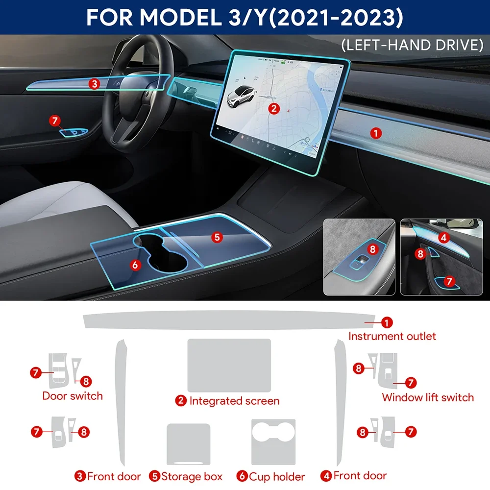 For Tesla Model 3/Y 2021-2023 Car Door Center GPS Console Media Dashboard Navigation TPU Anti-scratch Protector Film