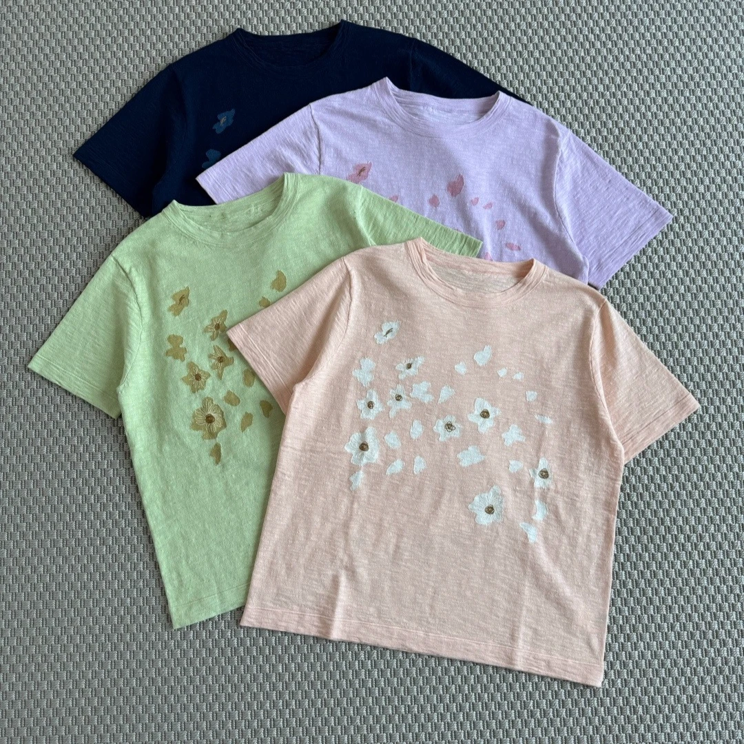 Summer Japanese-style artistic bamboo cotton round neck short-sleeved knitted T-shirt for women with floral inlay embroidery