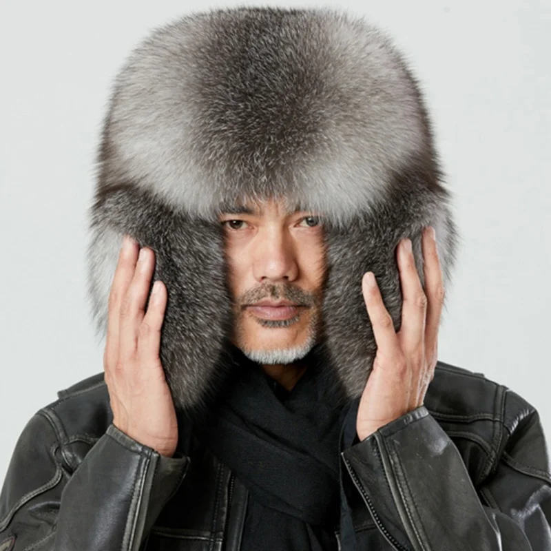 Fur Cap Men Winter Genuine Fur Bomber Hat Windproof Warm Earmuffs Male Flat Russian Hat