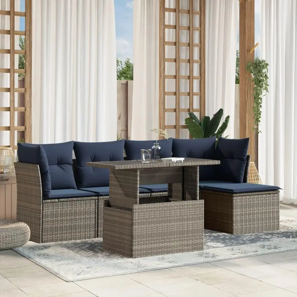 

6 Piece Outdoor Patio Sofa Set with Comfortable Cushions Gray Poly Rattan Furniture