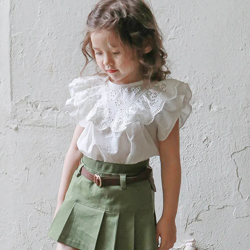 Summer children's clothing girls lace V-neck cotton T-shirt versatile medium and small children
