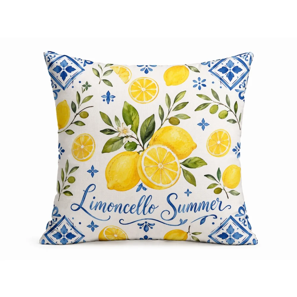 Limoncello Summer Lemon Blue Tile Throw Pillow Mediterranean Floral Square Cushion Farmhouse Sofa Home Decoration