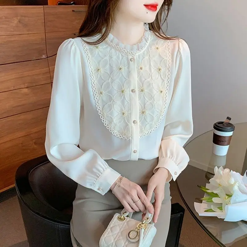 Embroidered Stand Up Collar Chiffon Shirt for Women in Autumn 2024 New French Style Age Reducing Versatile Long Sleeved Top