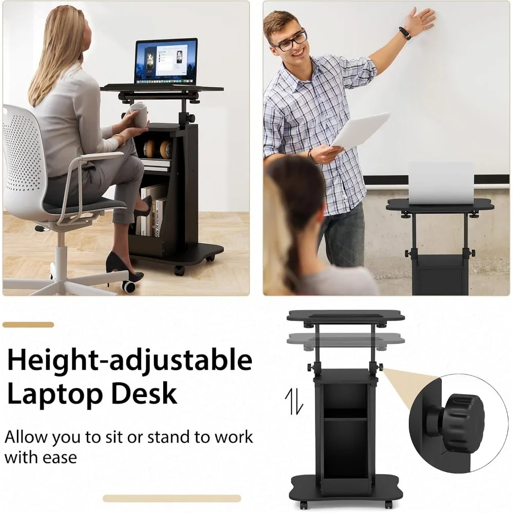 عربة كمبيوتر محمول قابلة لضبط الارتفاع مع سطح طاولة مائل، وحامل منبر دوار، ومقصورات تخزين، ومنصة متنقلة للعرض #3