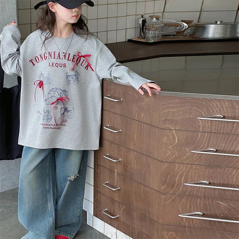 New Autumn Fashion Child Clothes Long Sleeve T-shirt For Teen Girl Loose Casual Cotton Tshirt Top with Bows Kids Gray Tees 7-14Y