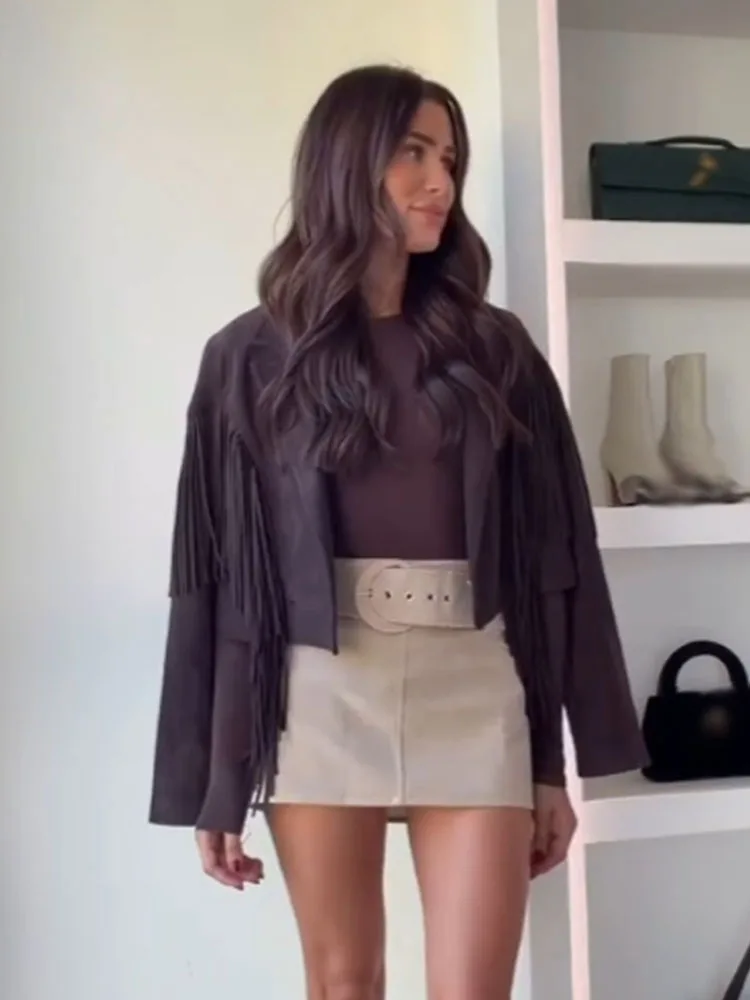 HH المرأة شتاء موضة جديدة الصلبة بدوره إلى أسفل طوق طويلة الأكمام شرابة الديكور معطف الإناث شارع العليا سترات قصيرة غير رسمية