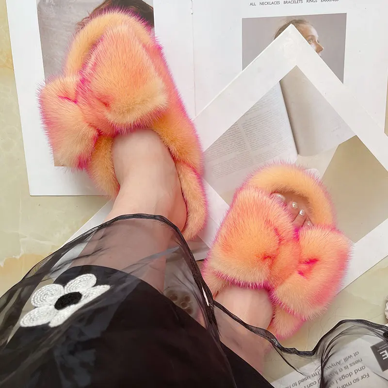 Spring And Autumn 2023 New Mink Hair Flat Heel Lady Hair Slippers Women Wear Home Indoor Flat Bottom Casual Mink Hair Slippers