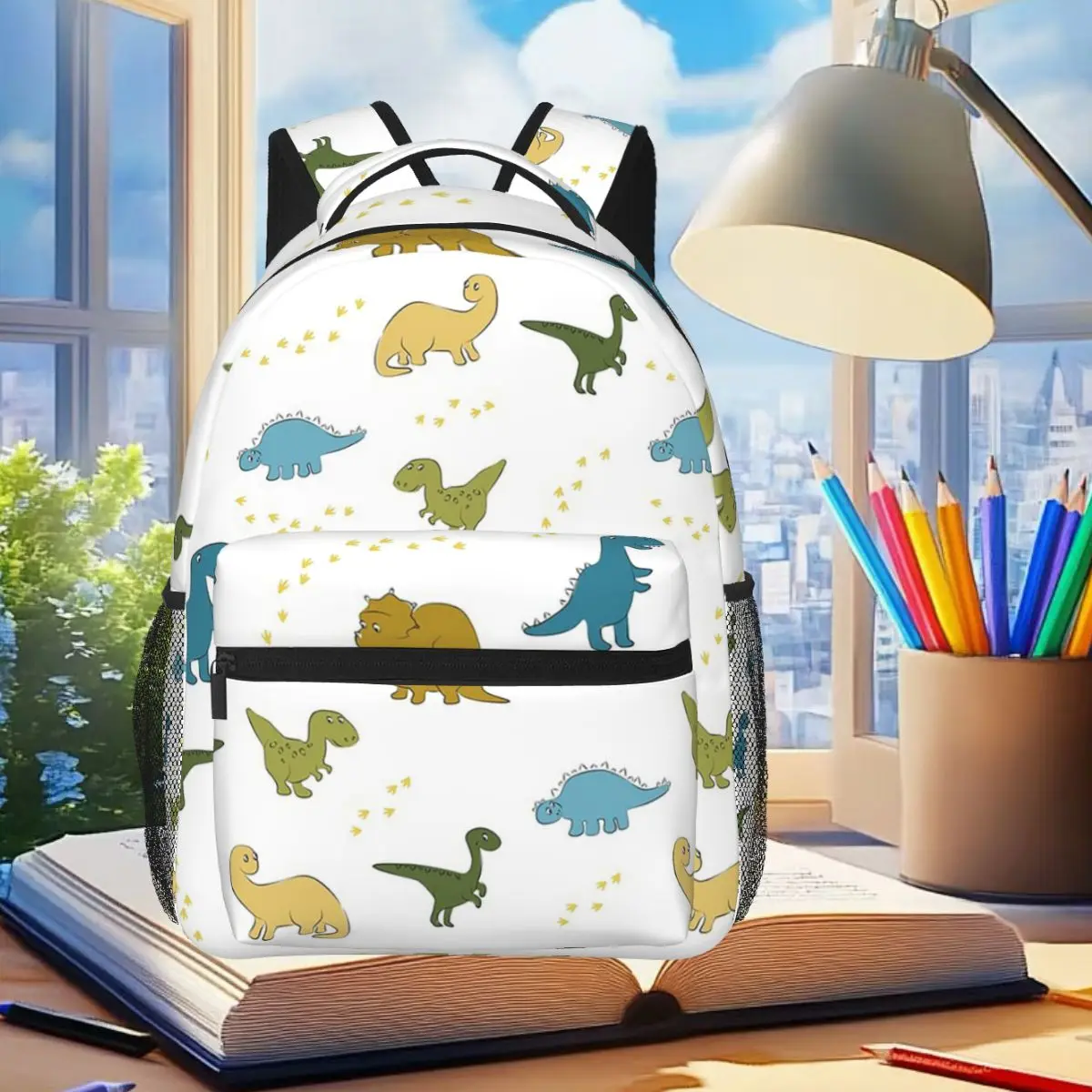 

Cartoon Light Color Dinosaur Pattern Backpack Student Boys Girls BookBag Kids School Bag Laptop Shoulder Bags for Men Women