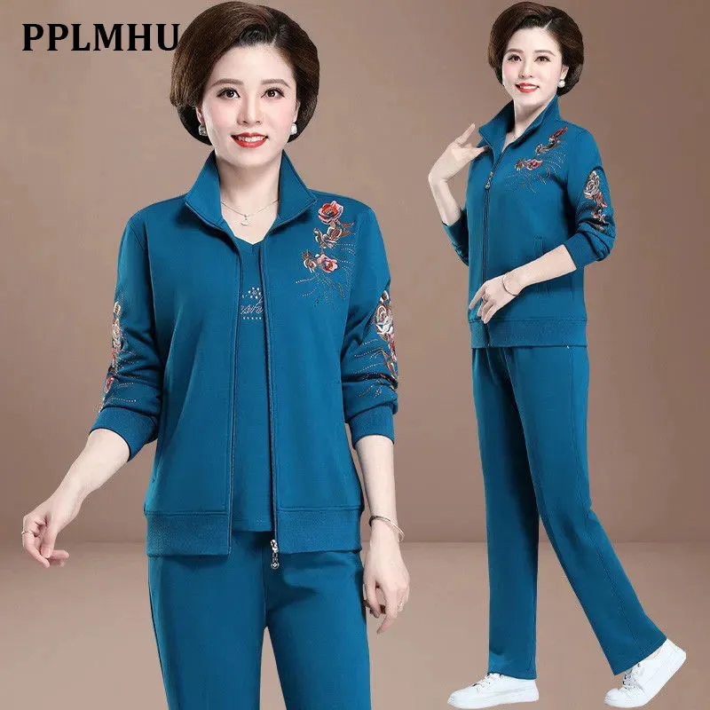 

Spring Autumn Embroidered Tracksuit 3 Piece Set Women Outfit Casual Zip Up Jacket + t-Shirt + Pants Suit Conjunto Femenino 2022