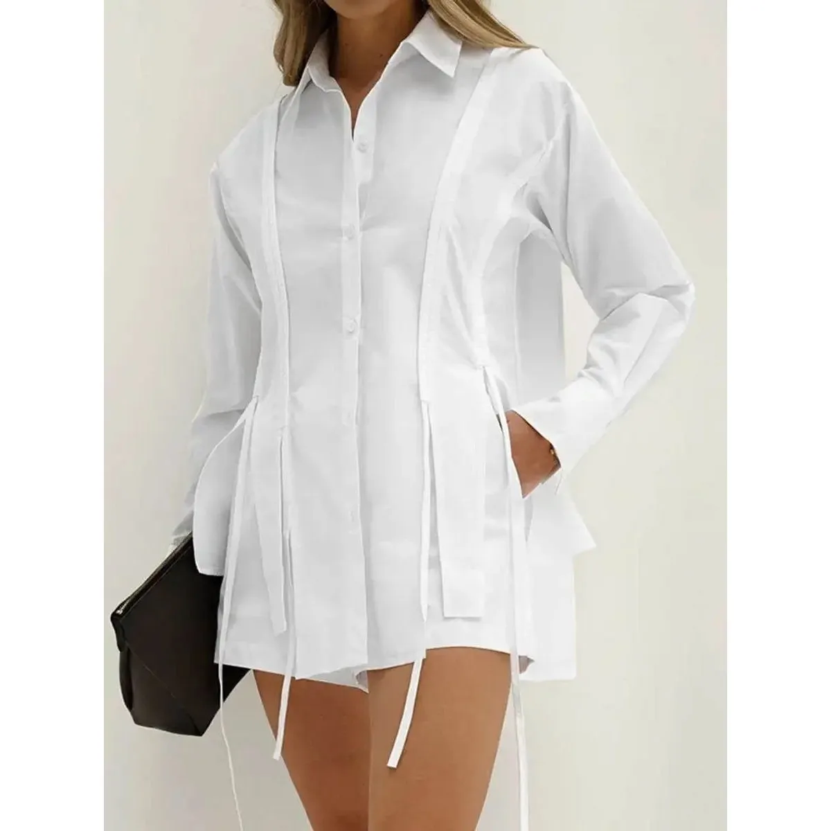 

French Collar IED Long Sved Elastic HO Pans Casual SE 2025 Cleanfit Sle Women's irt Polypropylene Material A-Line Sve