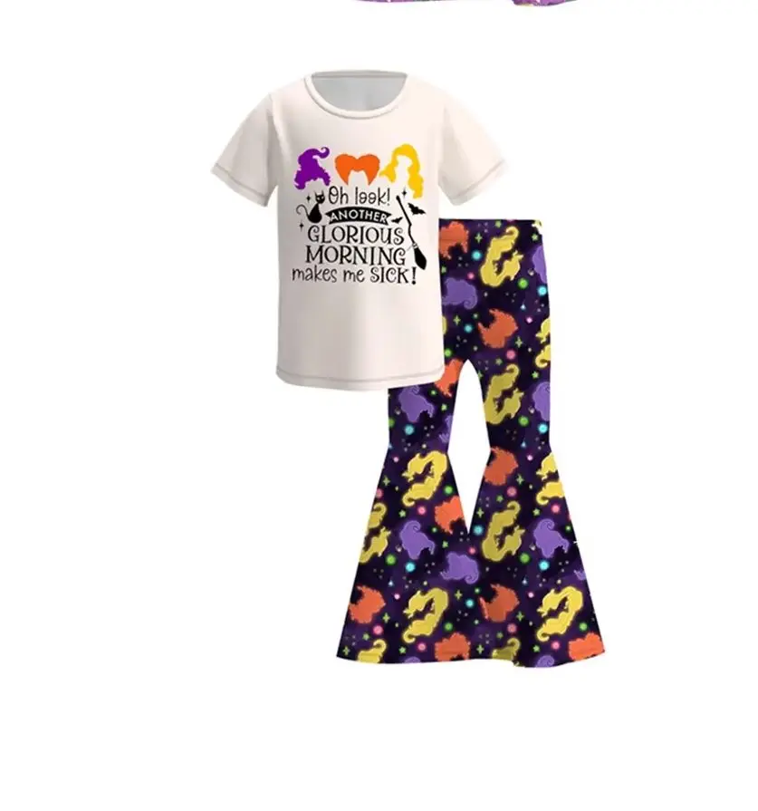 Toddler Girls Hocus-Pocus Witch Outfit Kids Halloween Fall Short Sleeve Graphic Tee & Flare Bell Bottom Pants Set