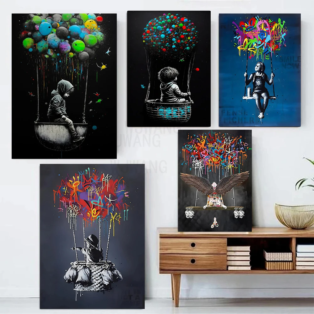 

Banksy Graffiti Art Canvas Prints Dream Hot Air Balloon Posters Prints Modern Pop Art Canvas Wall Art for Living Room Home Decor