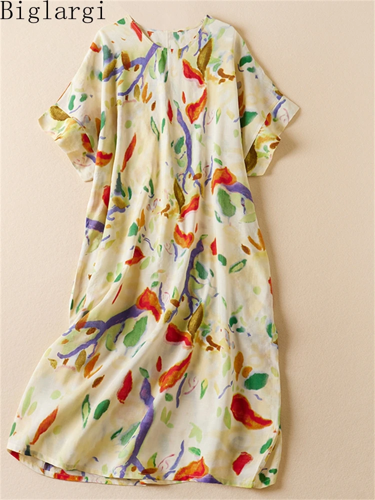 Vestido Floral Vintage de talla grande para mujer, ropa informal holgada de algodón y lino con estampado de flores, Jersey por debajo de la rodilla, novedad de verano