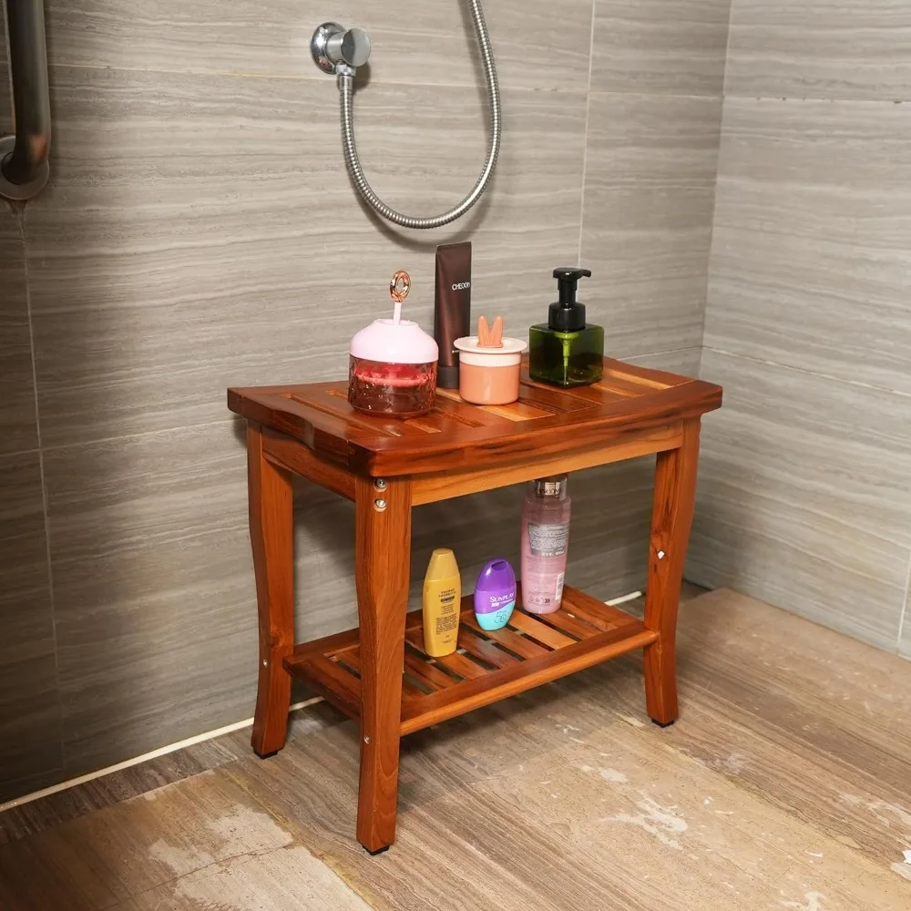 

Teak Shower Bench Spa Bath Shower Stool with Storage Shelf Wooden Seat Stool for Bathroom 2-tier Storage Shelf Non-slip Silicone