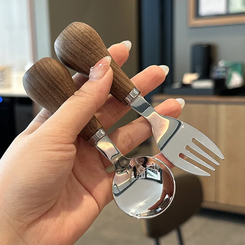 

Walnut Wood Short-handled 304 Stainless Steel Spoon, Standing for Children To Eat, Dessert, Watermelon Cake, Fork