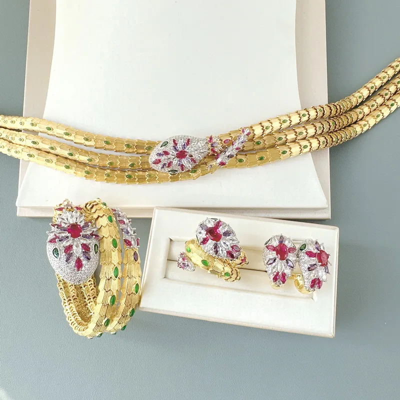 Designer Style Earrings Ring Bracelet Three Layer Necklace Inlay Red Cubic Zircon Snake Serpent Dinner Party Choker Jewelry Sets