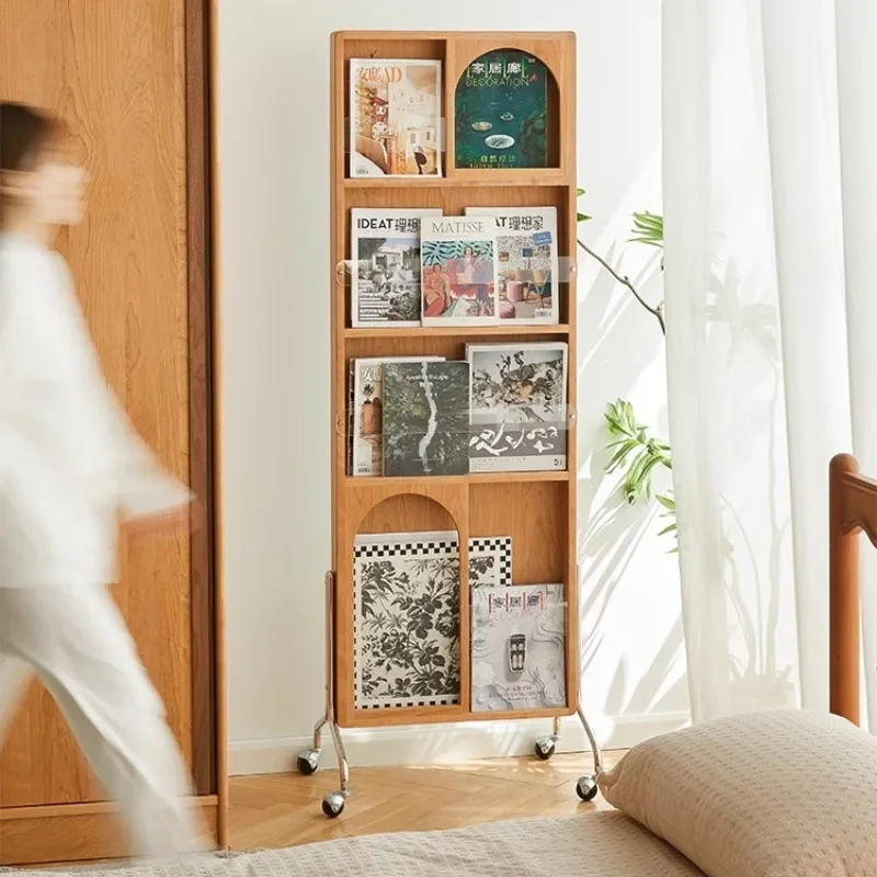 Magazine rack, full-body mirror push-pull, movable rotating floor cherry bookshelf, integrated dressing mirror