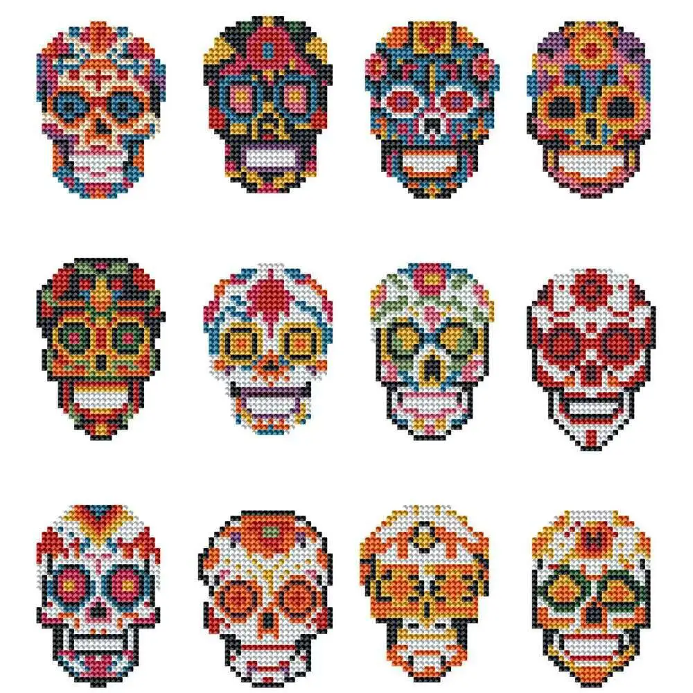 Huacan 12 Stück MINI-Diamantgemälde, Maske, Porträt, Diamant-Stickerei, Totenkopf, rundes Mosaik, kleine Leinwand, Heimdekoration