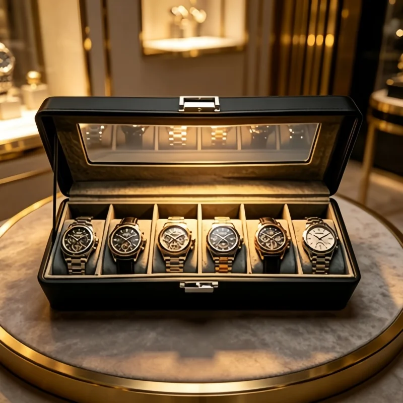 Business Men's 6 Slot Watch Organizer, Lockable PU Leather Watch Box + 2 Spring Storage Pouches for Daily Commute