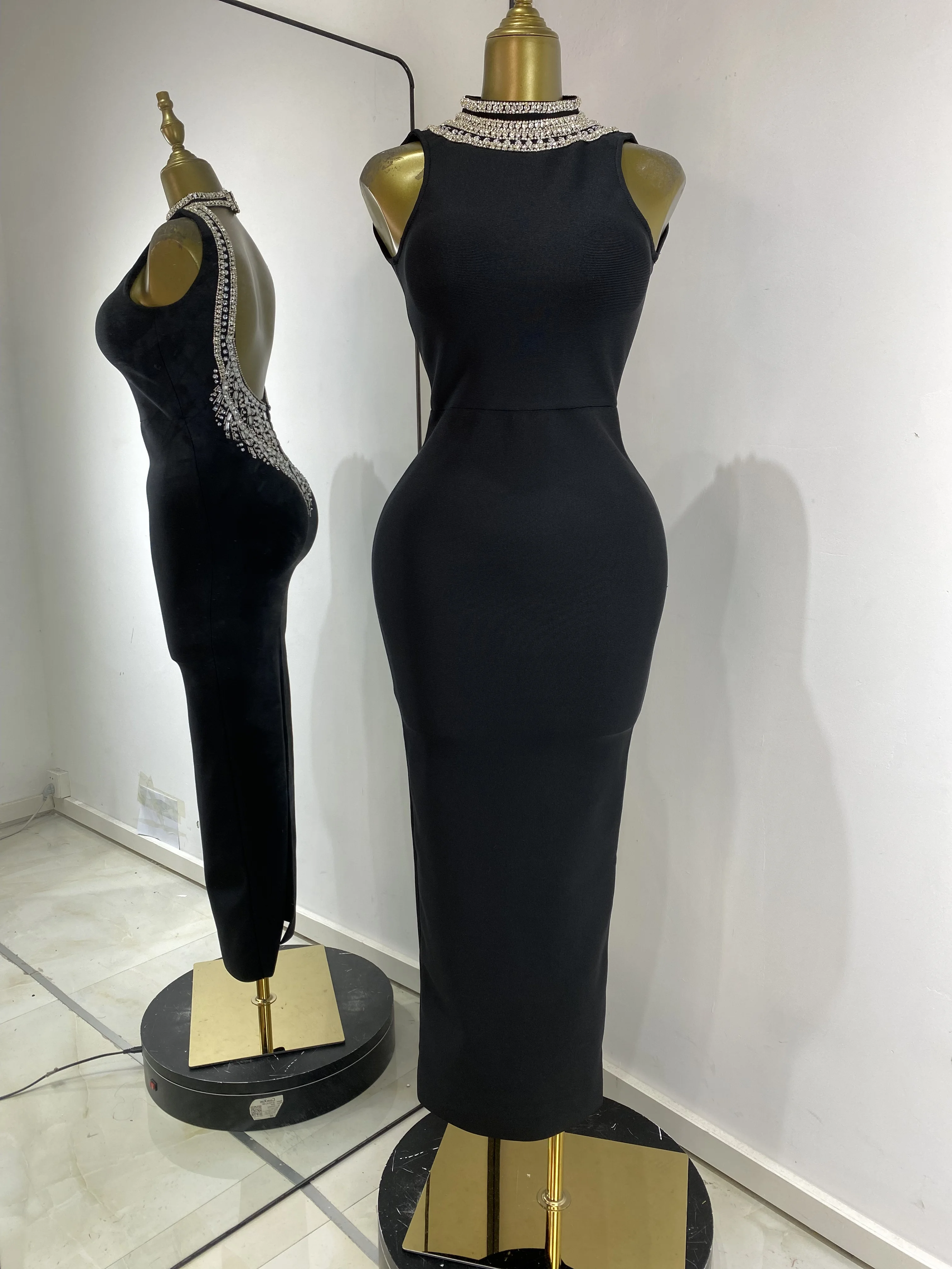 

Women Luxury Elegant Bandage Dress Rhinestones Sequines Diaonds Beading Embroidery Backless Long Celebrity Evening Party Dress